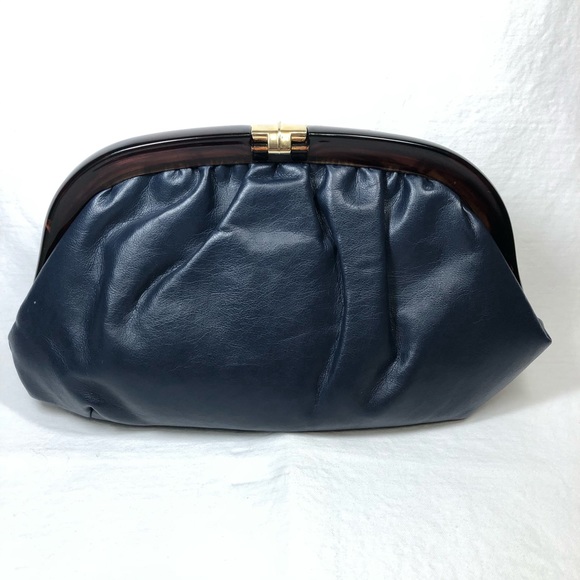 Cara Clutch Purse Blue Leather Lucite Frame Vtg - Picture 2 of 6